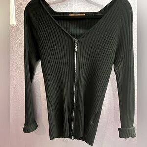 Belldini black ribbed stretch crystal rhinestone zipper tight sweater vintage